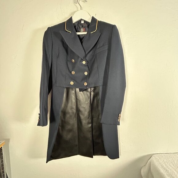 PFIFF Double-Breasted Dress Coat Jacket with Faux Leather Skirt Size 36 Navy - Picture 1 of 11